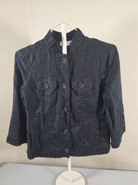 Chico’s Size 0 S Linen Jacket Black Herringbone Ruffle 3/4 Sleeve Utility